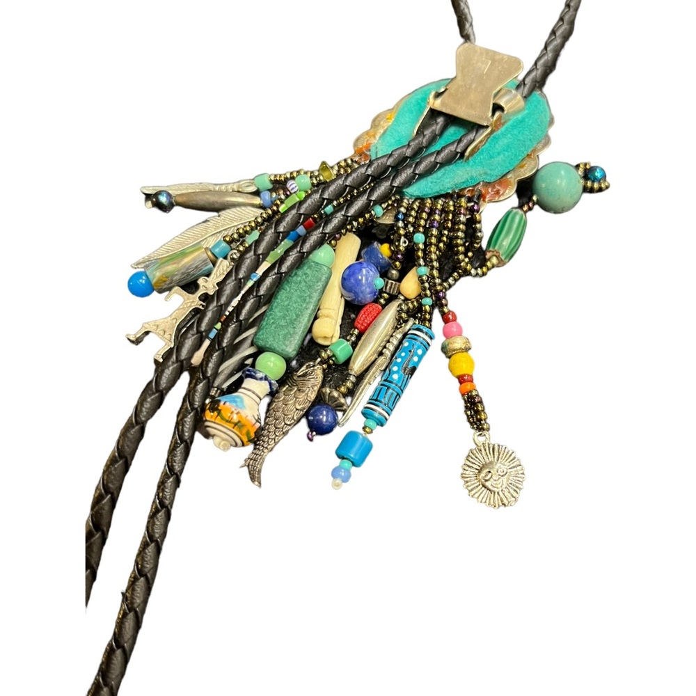 Vintage Leather Bolo Tie Southwestern Beads Gemstone Beads Multi-strand - Picture 13 of 16
